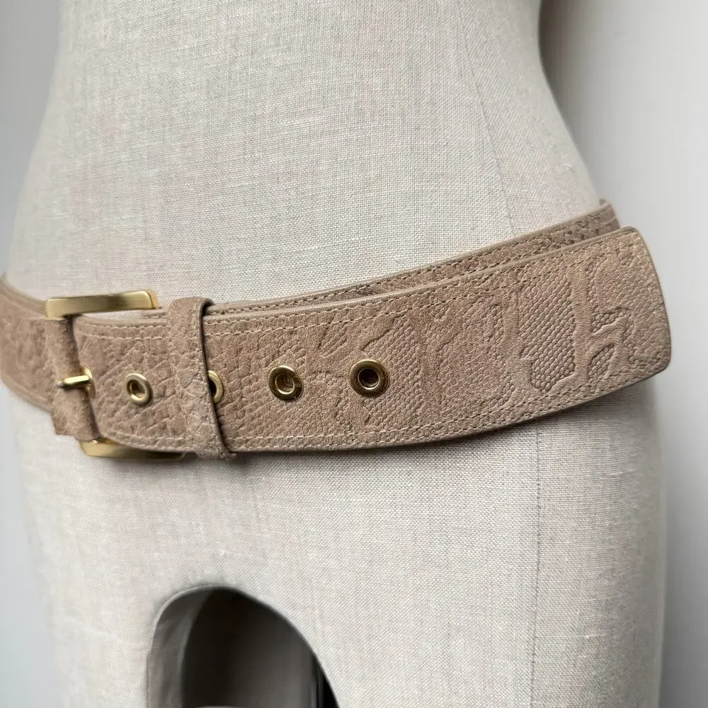 Via Spiga Snake Embossed Suede Leather Wide Belt Gold Hardware Y2K Low Slung
